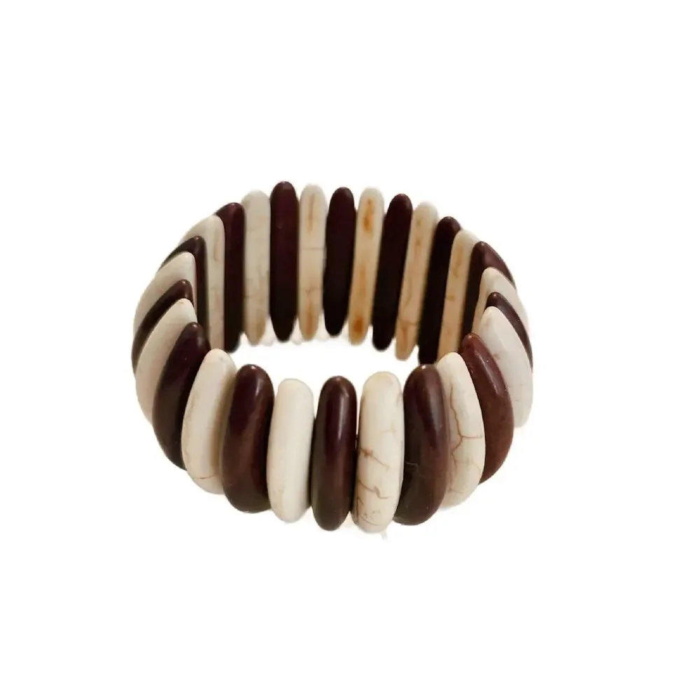 Vintage Chunky Marbled Creme and Brown Stone Stretch Bracelet